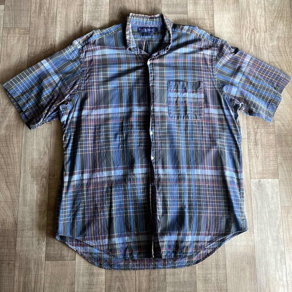 Ralph Lauren Short Sleeve Blue/Green Plaid Button Up Shirt Men's Size XL